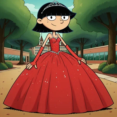 score_9_up,score_8_up,score_7_up,score_6_up,score_5_up,score_4_up BREAK rhonda,black hair, black eyes, bob cut, blunt bangs, Very large red floor length gown, ball gown, rhimestones. She is also wearing a tiara, hoop skirt, dome shape skirt, quinceanera, prom, pageant, long elbow length red fingerless Satin bridal gloves, contrapposto, hand on own hip, park, tree, building,smile,arm at side, leaning to the side, dutch angle, looking at viewer, <lora:RhondaPony:1>