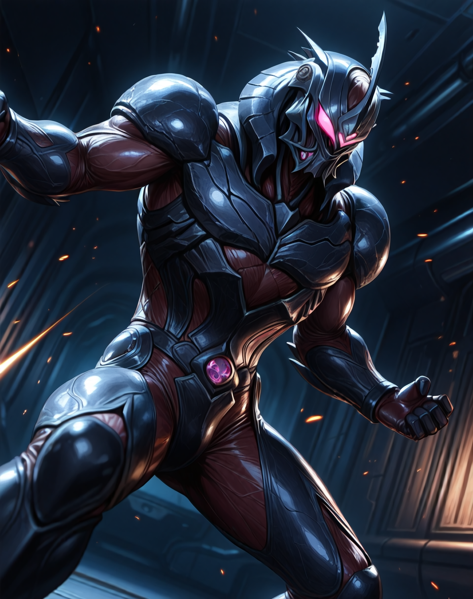 perfect depth of field shot, masterpiece, beautiful, sharp focus, crisp details,
<lora:Dark_Hero_(Guyver)_(Illustrious)_(AD):1> Dark_Hero, Guyver, bioboosted armor, 
((exterior, science fiction, high science fiction, action anime style background, dark spaceship interior, photographic realism, 8K CGI render, 
dynamic action, dynamic perspective, dutch angle, bent knee, cowboy shot,
male focus, gradient style anime coloring, strong, fighting scene, solo, ):1.5), 
EZRealPONYXL, zPDXL, Smooth Quality, lazynsfw,