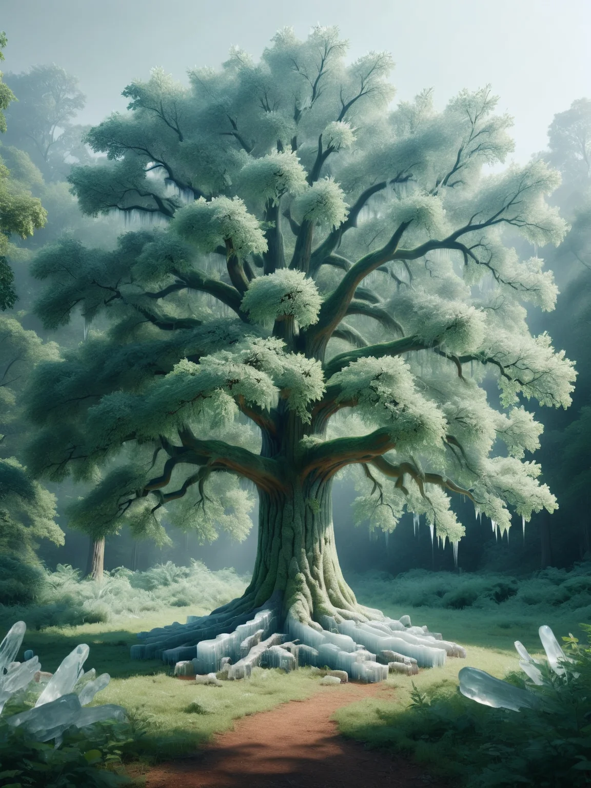 A ais-icebaby oak tree in the middle of a lush green forest <lora:Ice_Style_SDXL:1>