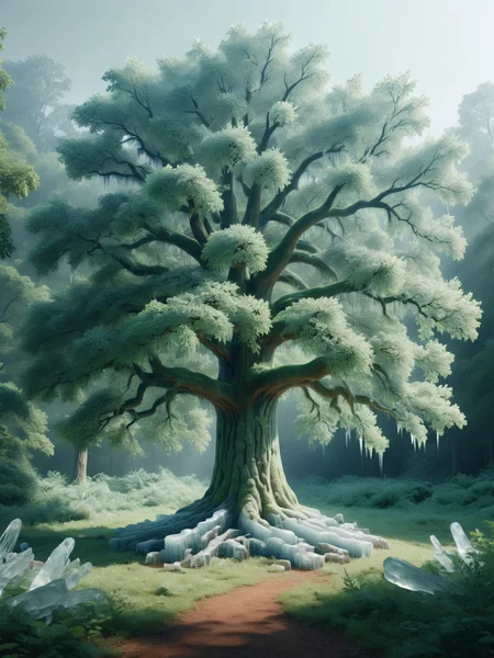 A ais-icebaby oak tree in the middle of a lush green forest <lora:Ice_Style_SDXL:1>