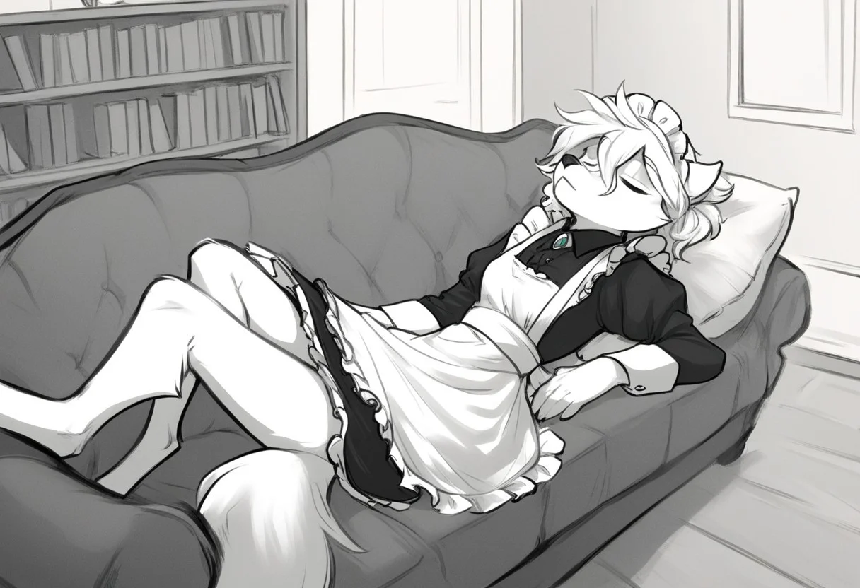 score_9, score_8_up, score_7_up, score_6_up, score_5_up, score_4_up, source_furry,
BREAK solo, furry, female, anthro, wolf, messy hair, small breasts,
((sleeping) on large (couch), bookshelf,
BREAK rose-twokinds, maid, madi apron, maid headdress, long sleeves, wolf tail, fluffy fur,
BREAK
Portrait, sketch, (graphite \(medium\):1.2),
rating_safe, masterpiece, best quality, very aesthetic, 4k, ultra detailed, hires, monochrome, white background,
