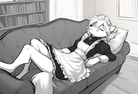 score_9, score_8_up, score_7_up, score_6_up, score_5_up, score_4_up, source_furry,
BREAK solo, furry, female, anthro, wolf, messy hair, small breasts,
((sleeping) on large (couch), bookshelf,
BREAK rose-twokinds, maid, madi apron, maid headdress, long sleeves, wolf tail, fluffy fur,
BREAK
Portrait, sketch, (graphite \(medium\):1.2),
rating_safe, masterpiece, best quality, very aesthetic, 4k, ultra detailed, hires, monochrome, white background,