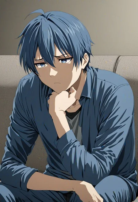 high resolution, solo, best quality, 1Boy, Tomoya Okazaki, Grey Blue Hair, deep talk, depression, sit, couch, OverallDetail