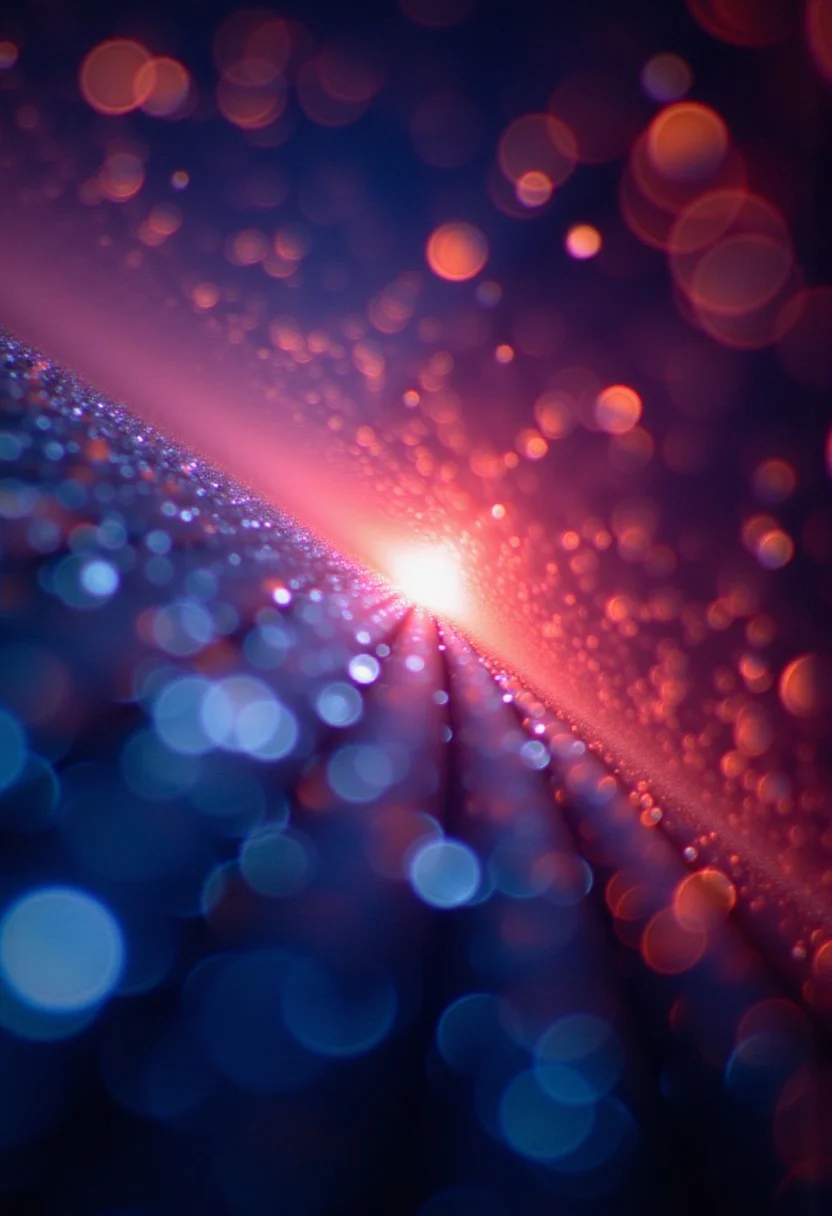 Fractals and bokeh swirl in brilliant shades of blue, purple and red. burned colors glowing with orange heat. Bands of white light dash across the canvas. High saturation and contrast. sharp lines come into focus.