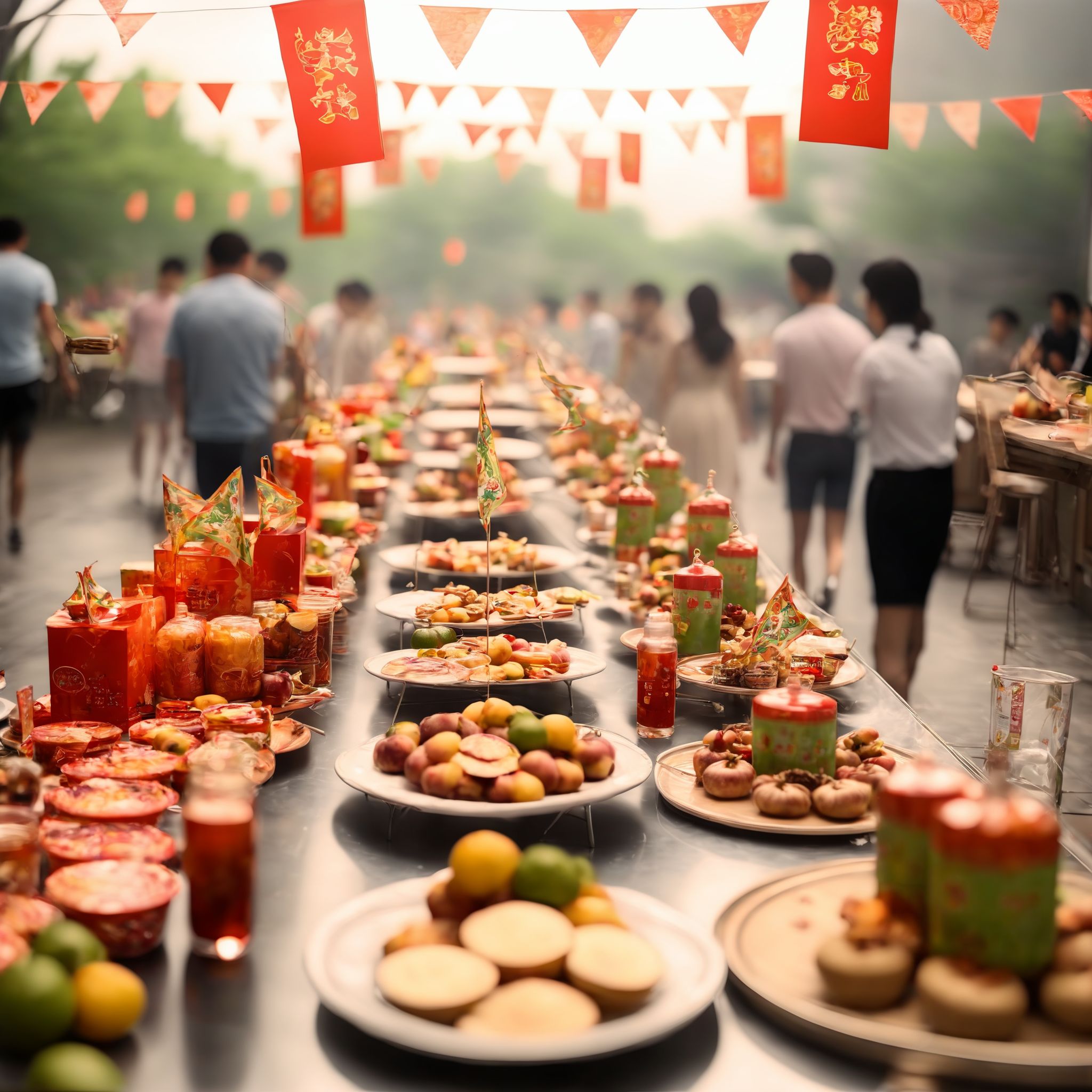 A large outdoor buffet scene, with tables laden with delicious food, snacks, flags, and adorned with hanging lanterns. The setting could be a festive gathering, garden party, or outdoor celebration, with guests mingling and enjoying the feast. The scene should be as realistic as a high-resolution photograph, with warm and inviting lighting that highlights the abundance of food and the decorative elements, creating a joyful and welcoming atmosphere,<lora:buybuy3:0.75>, BestQuality / (extremely detailed CG unity 8k wallpaper), best quality, masterpiece , hdr, best quality, ultra highres