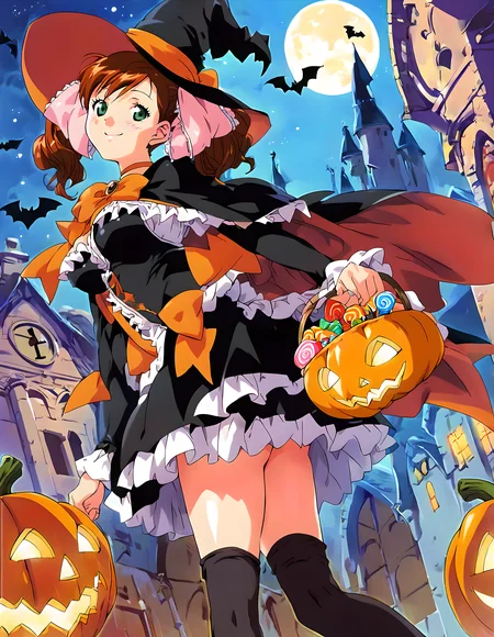 <lora:pony_xl_asahina:0.9>,asahina,score_9,score_8_up,score_7_up,source_anime,1girl,solo,halloween costume,halloween,trick or treat,witch,pumpkin hat,witch hat,food-themed hair ornament,pumpkin hair ornament,orange choker,cape,silk,orange ribbon,thighhighs,swirl lollipop,black legwear,jack-o'-lantern,basket,holding lantern,halloween bucket,holding vegetable,sweets,candy,candy cane,cookie,silhouette,bat,ghost,black cat,pumpkin,castle,pennant,clock tower,church,cross,graveyard,tombstone,coffin,town,gate,bare tree,spider web,night sky,full moon,moonlight,looking at viewer,smile,:d,light_blush,