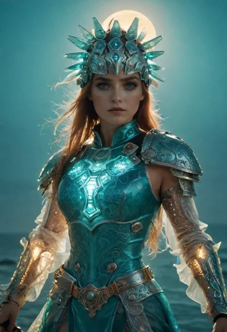 Infront of a Amber sunrise, Closeup Portrait, beautiful charming blushed freckled woman wearing a vibrant turquoise-amber blue translucent automaton helmet, Holding Axe and shield, detailed skin and lips, extreme Face CloseUp, looking at Viewer, intricate translucent technical helmet details, White outworn Sci-fi silver metallic armor, lace, Large intricate translucent shoulder Armor, atmospheric lighting, novuschroma60 style bokeh