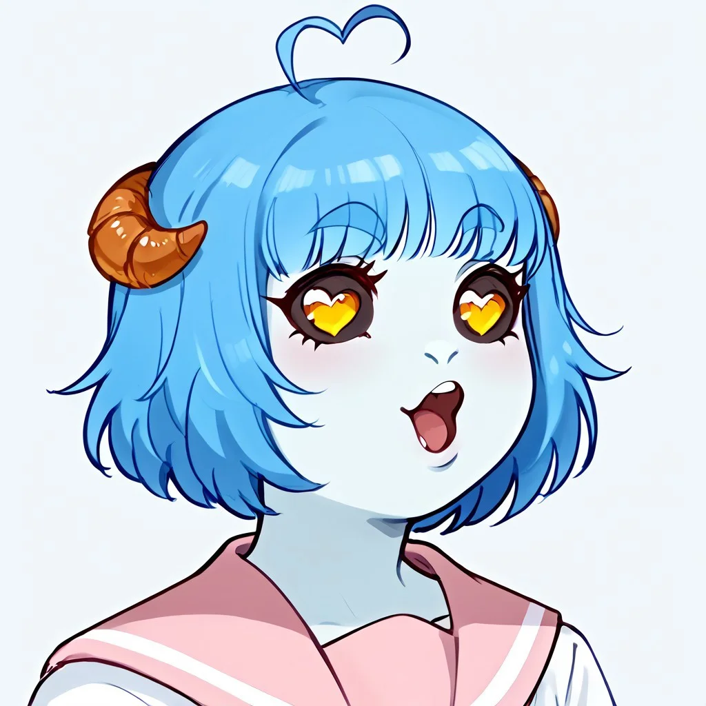 score_9, score_8_up,score_7_up, source_anime, pog,, open mouth, portrait,, looking at viewer, , looking to the side,, solo, 1girl, ahoge, short hair, blue hair, colored skin, light blue skin, thick eyebrows, colored sclera, heart-shaped pupils, yellow eyes, animal ears, furry, white shirt, pink sailor top, croissant hair clip,