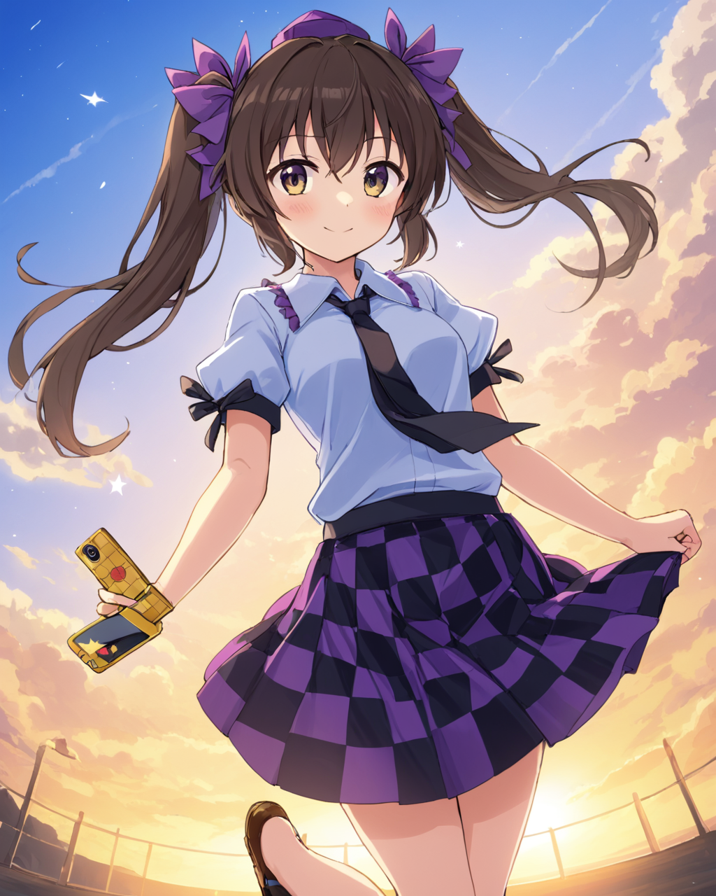 himekaidou hatate,1girl, solo, twintails, tokin_hat, cellphone, smile, checkered_skirt, feathers, necktie, blush, sky, geta, looking_at_viewer, shirt, hair_ribbon, short_sleeves
<lora:himekaidou_hatate_image2639_2023-12-20-000010:1>,star-shaped_pupils,symbol-shaped_pupils,. gorgeous,key visual, vibrant, studio anime,award-winning, professional, highly detailed,high budget, cinemascope