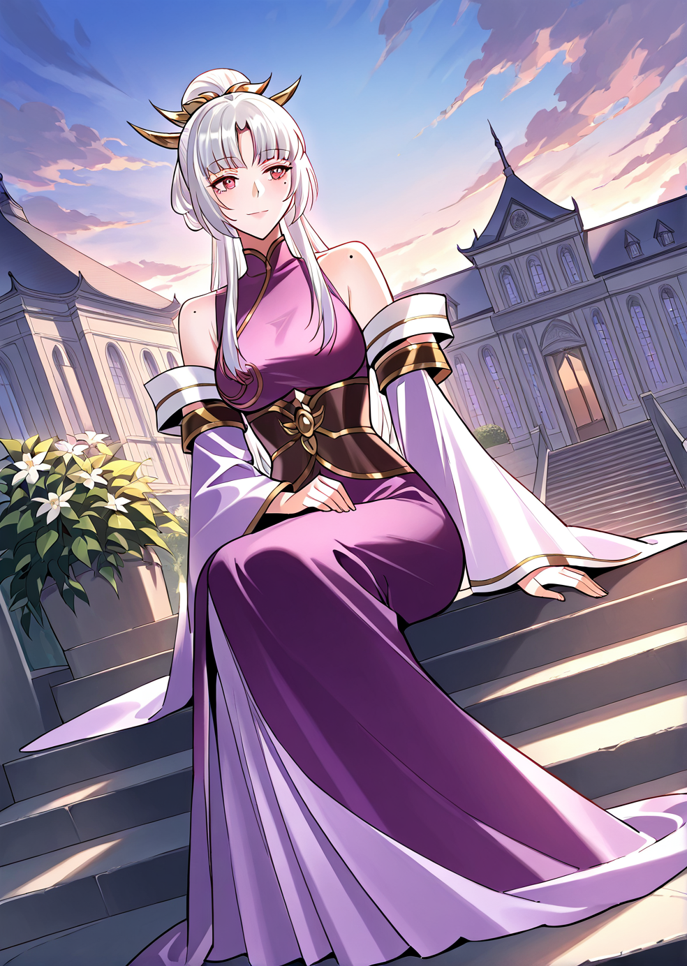 <lora:Zi_Ziyan__I_am_the_Fated_Villain__Illustrious:1>
1 girl, solo, white hair, bangs, hair up, ponytail, red eyes
mole under eye, bare shoulders, long purple dress, detached sleeves
score_9, score_8_up, score_7_up, very aesthetic, source_anime, detailed, high quality, beautiful, masterpiece, detailed eyes, mansion, plants, flowers, clouds, light smile, dynamic angle, full body, sitting on stairs