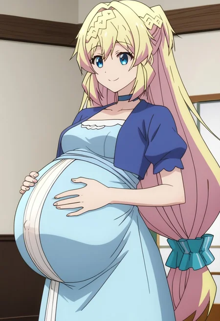 best quality, masterpiece, 4k, perfect lighting, very aesthetic, anime, anime coloring, official art, anime screencap, bedroom, (large pregnant belly:1.3), happy, smile, (hands on belly:1.5),
azusa, blonde_hair, blue_eyes, braid, very_long_hair, short_sleeves, blue_choker, blue_jacket
(pregnancy clothes:1.5), (covered belly:1.5)