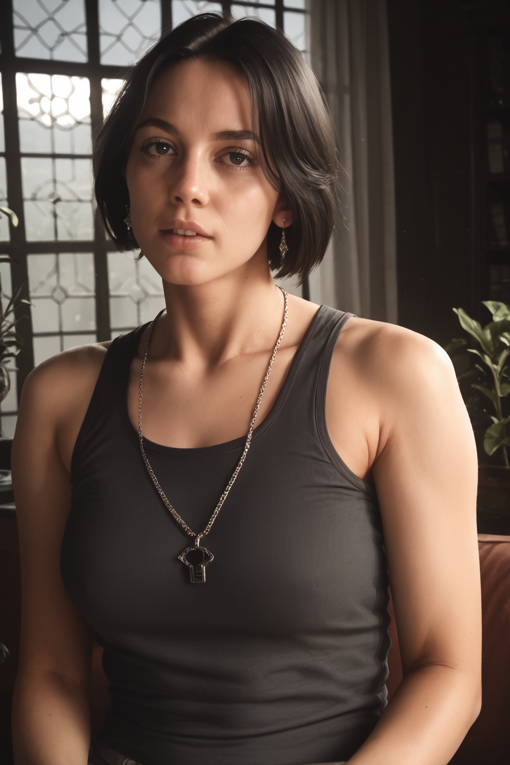 core_9, score_8_up, score_7_up, score_6_up, masterpiece, ultra quality, crystal clear, 8K UHD, high-resolution videogame graphics, female, wearing a dark grey tank top, Modern bob hairstyle, <lora:Sin_Nombre_P:1>, Sin_Nombre