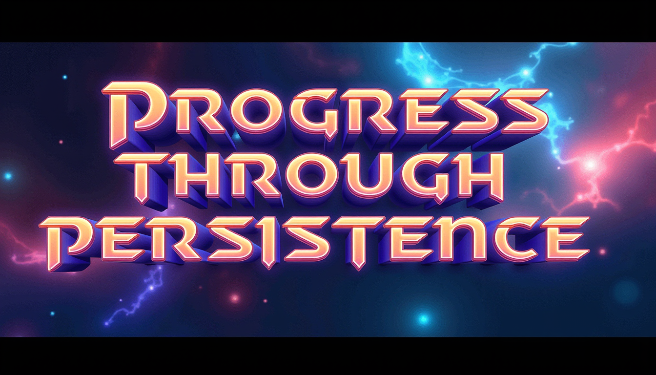 <lora:SC2Font:0.5>A SC2StyleFont text that says "Progress through persistence" in zestful letters, over a colorful galaxy, warping background. Under the text, draw an icon that captures the meaning of the words
