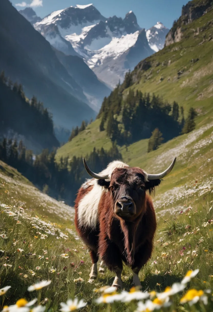 Create a breathtaking image of a photograph of A yak, predominantly dark brown and gray with a cream-colored underbelly, stands amidst a vibrant meadow bursting with white daisies and wildflowers. The yak, positioned slightly angled towards the camera, has large, curved horns and a curious expression. Its gaze is direct, suggesting gentle curiosity, and it’s adorned with a reddish-maroon headpiece or harness. The meadow is densely populated with daisies, their white petals contrasting beautifully with the yak's colors. The surrounding environment shows a beautiful high-altitude landscape with snow-capped mountains rising into a clear blue sky. The mountains' slopes are covered by small, colorful patches of wildflowers, creating a rich, natural collage. The light is bright and natural, casting soft shadows highlighting the terrain and the yak's fur. A low-angle perspective visually emphasizes the yak's presence and the abundance of flowers at the foreground. The style is natural, realistic, and vibrant, capturing the serenity of the alpine terrain. Gentle sunlit mountains are a backdrop of majestic beauty, providing a perfect, stunning panoramic view, mystical glow, best quality, sharp focus, high contrast, stylized, clear, colorful, ultra quality, 8k, best quality, masterpiece,midjourneyv6.1