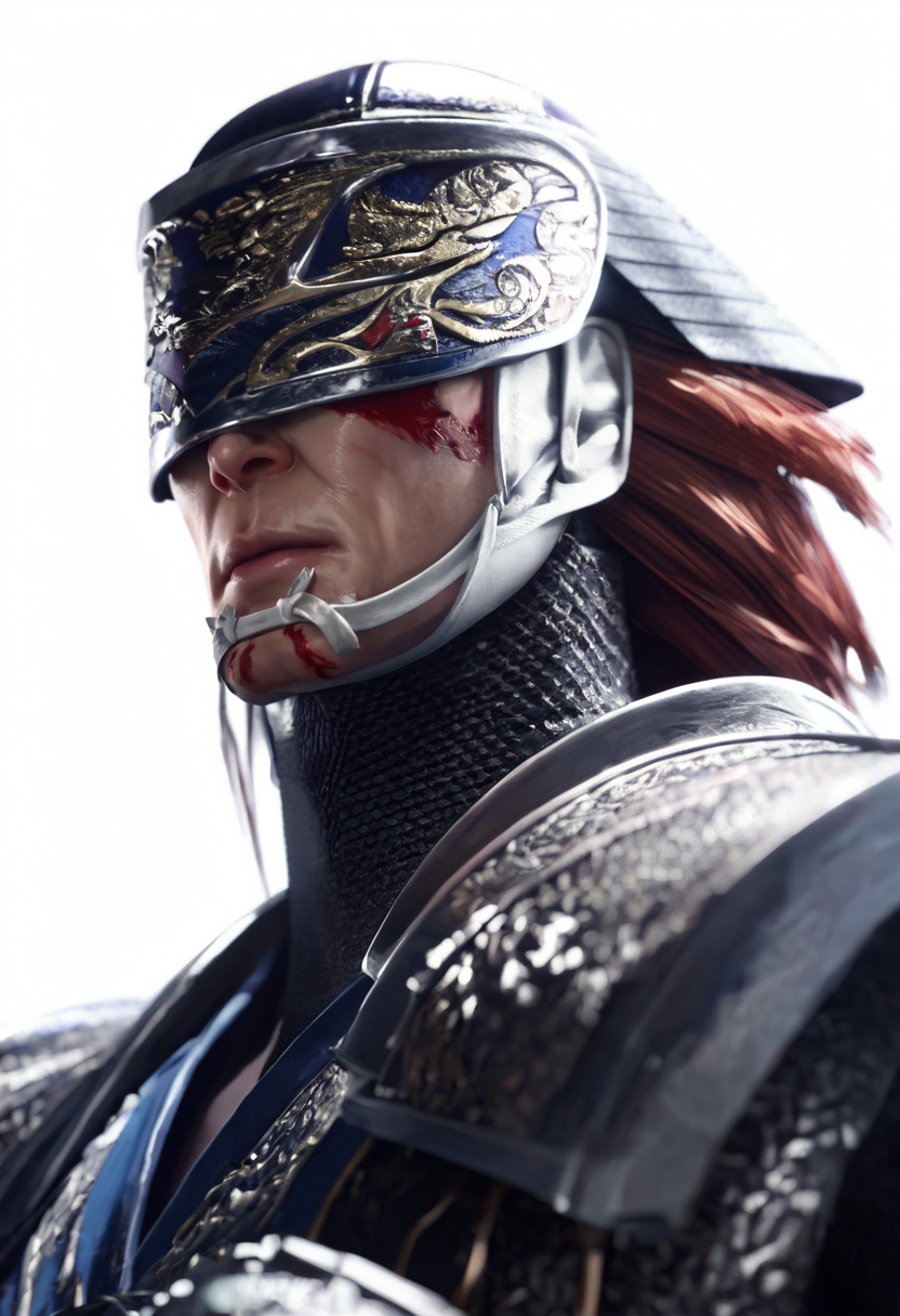 (masterpiece), (best quality), score_9, score_8_up, score_7_up, (masterpiece:1.2), (best quality:1.3), 1boy <lora:Kotaro_Fuma_Sengoku_Basara:0.8> fkotaro_sgbs, armor, helmet, red hair, chainmail, simple background, portrait, silver aura, masterful composition, dynamic movement