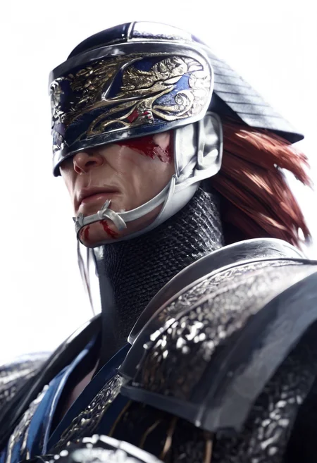 (masterpiece), (best quality), score_9, score_8_up, score_7_up, (masterpiece:1.2), (best quality:1.3), 1boy <lora:Kotaro_Fuma_Sengoku_Basara:0.8> fkotaro_sgbs, armor, helmet, red hair, chainmail, simple background, portrait, silver aura, masterful composition, dynamic movement