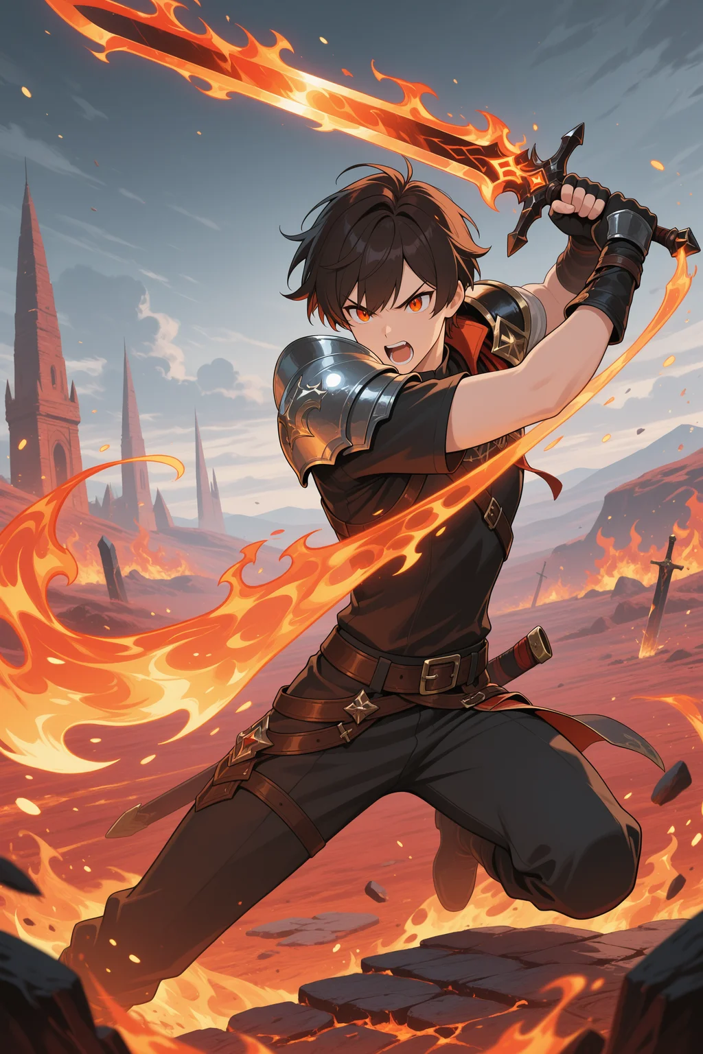 masterpiece, best quality, 1boy, weapon, sword, pyro_element, male focus, holding, fire, holding weapon, holding sword, gloves, solo, open mouth, shoulder armor, black gloves, armor, short hair, flaming sword, short sleeves, flaming weapon, black hair, shirt, black shirt, orange eyes, pauldrons, belt, v-shaped eyebrows, fingerless gloves, brown hair, teeth, pants, red eyes, outdoors, single pauldron, dynamic pose, splash_art, perfect anatomy <lora:genshin_inspired_splash_art_v2-11:0.8>