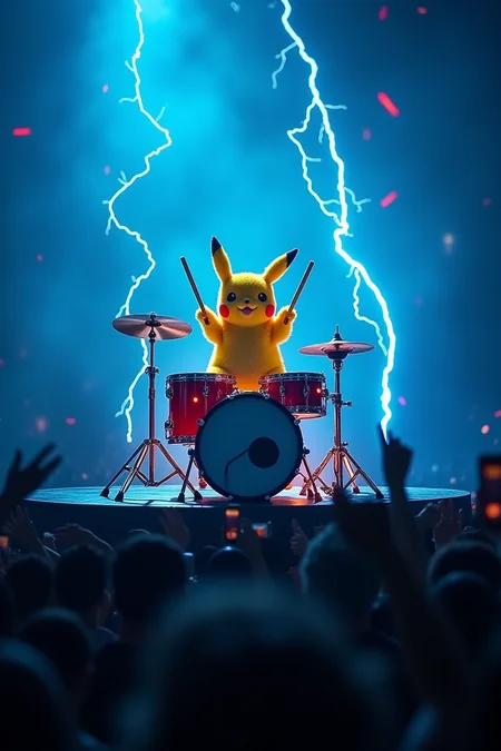A dimly lit concert stage with a pulsing electric blue backdrop and strobe lights casting an otherworldly glow. Pikachu, dressed in a miniature rockstar outfit, sits atop a drum kit, sticks held high as it begins to play a frenetic rhythm. Lightning effects crackle and pop around the drums, illuminating Pikachu's bright yellow fur. The air is charged with anticipation as the crowd cheers on this electrifying performance.