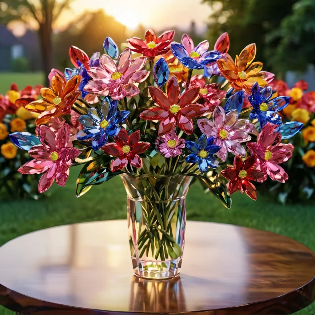 pamcrystal,bouquet of flowers,colorful, standing on a table, garden backround,sunset,full depth of field and realistic textures,highly detailed,masterpiece,high quality, 8K Ultra HD