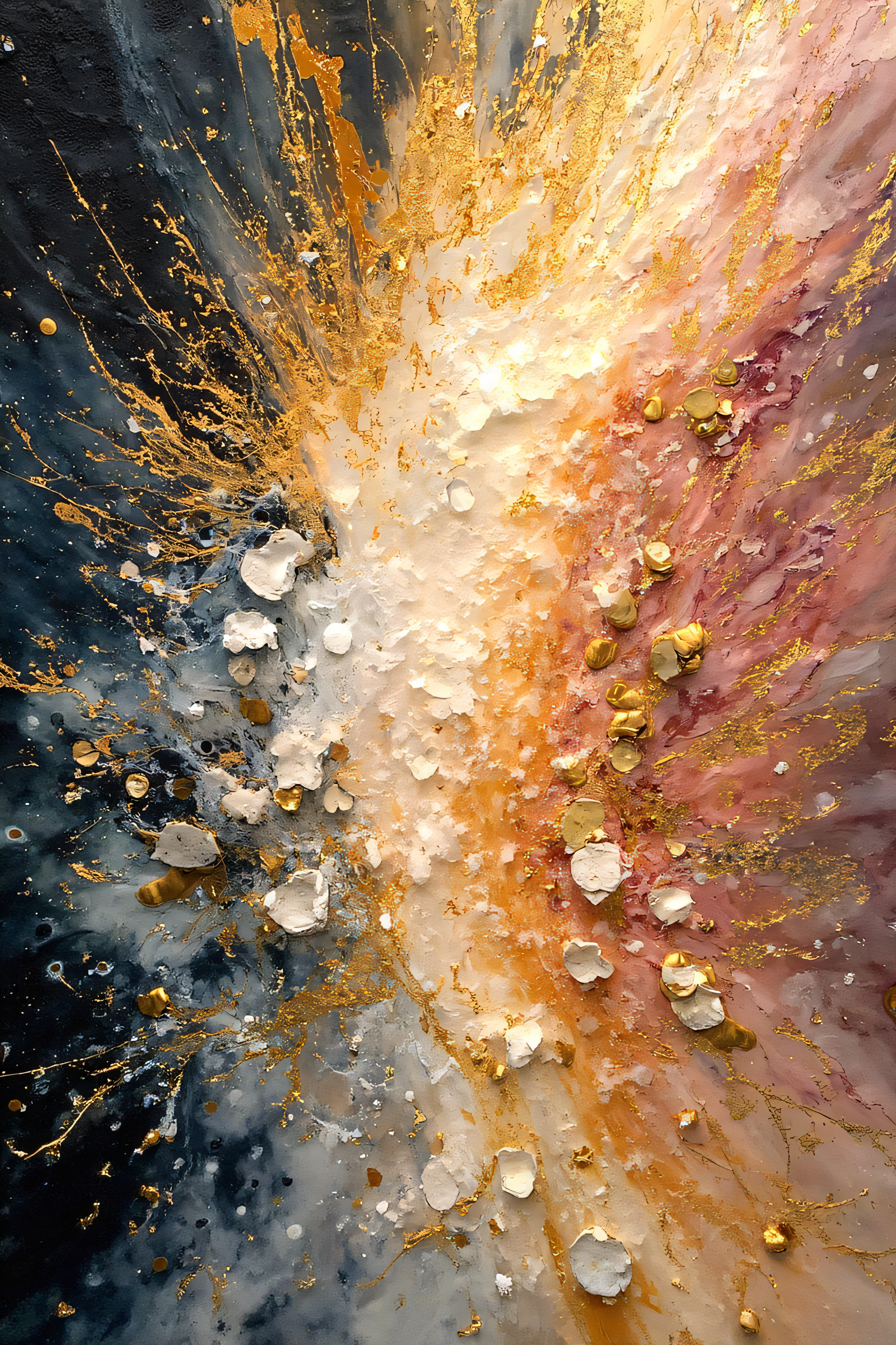 Create an abstract oil painting that represents the merging of peace through the fusion of elemental forces. Use an expressive explosion of colors—black, white, orange, beige, and pink—with and hyper-detailed textures. Highlight the artwork with gleaming golden accents that radiate light amidst a brilliance of harmony. Incorporate ethereal elements like sky, flowers, water, and fire to symbolize the peaceful blending of these forces. Ensure a perfect composition with intricate pearl filigree, capturing a serene and radiant ambiance
