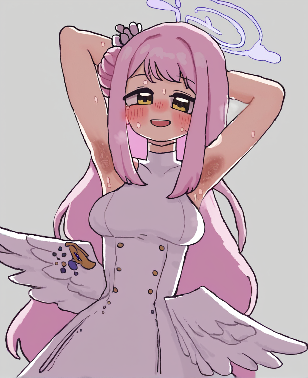 score_9, score_8_up. score_7_up, <lora:tomi8tky:1> tomi8tky,  score_9, tomi8tky, 1girl, mika (blue archive), armpits, halo, pink hair, white wings, white dress, presenting armpit, blush, long hair, yellow eyes, sleeveless dress, white background, hair bun, looking at viewer, white pantyhose, angel wings, hair ornament, simple background, hair flower, breasts, sweat, single side bun, open mouth, smile, low wings, feathered wings, arm behind head, arm up