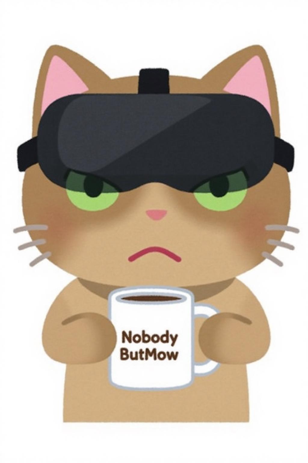 irasutoya1 illustration.
Grumpy Cat holding a coffee mug, wearing a VR Headset. The mug has the phrase "NobodyButMeow" printed
 <lora:irasutoya1_cap_d8a4e8:1.0><lora:846912325276446799:0>