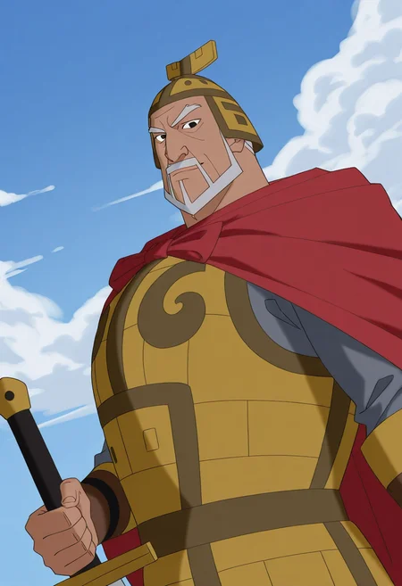 1boy, standing, closed mouth, smile, upper body, looking at viewer, dutch angle, from side,
BREAK
wenzhong, old man, tan, thick eyebrows, short hair, grey hair, black eyes, mustache, soul patch, beard,
helmet, red cape, sword, armor, chinese armor,
BREAK
blue sky, cloud,
BREAK
best quality, masterpiece, very aesthetic, absurdres, highest detailed, very awa, detailed background,
<lora:DILFs_and_Creatures_from_The_Legend_Of_Nezha_v0.1:1>