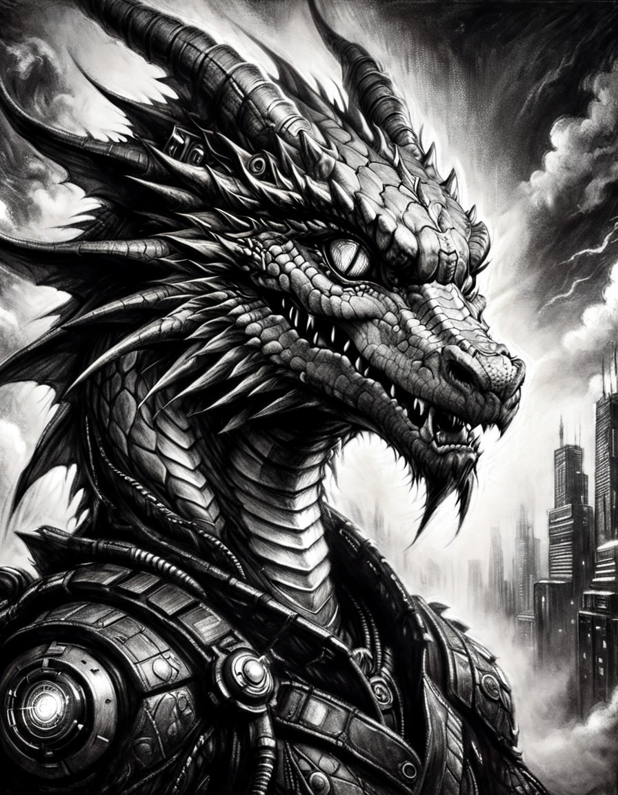 ((black and white charcoal drawing)), anthropomorphic dragon with cyberpunk enhancements, <lora:Charcoal2.0:0.75>, black and white, breathtaking charcoal illustration, highly detailed, 4k, (textured paper), charcoal texture