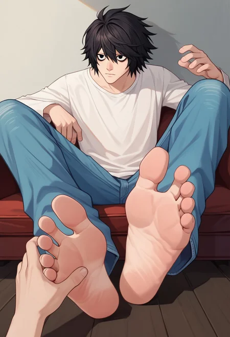 score_9, score_8_up, score_7_up, 1boy, L, black hair, short hair, messy hair, black eyes, bags under eyes, white shirt, long sleeves, jeans, sitting, barefoot, <lora:L lawliet-000008:1> L Lawliet sitting facing the viewer showing the soles of his pale smooth bare feet and soles, soles, toes, barefoot, male feet, feet in frame, two feet, five toes on each foot, perfect feet, perfect toes, soft soles, shy male, cute male, foot focus, foot fetish, perfect feet, legs spread with soles shown off, male feet