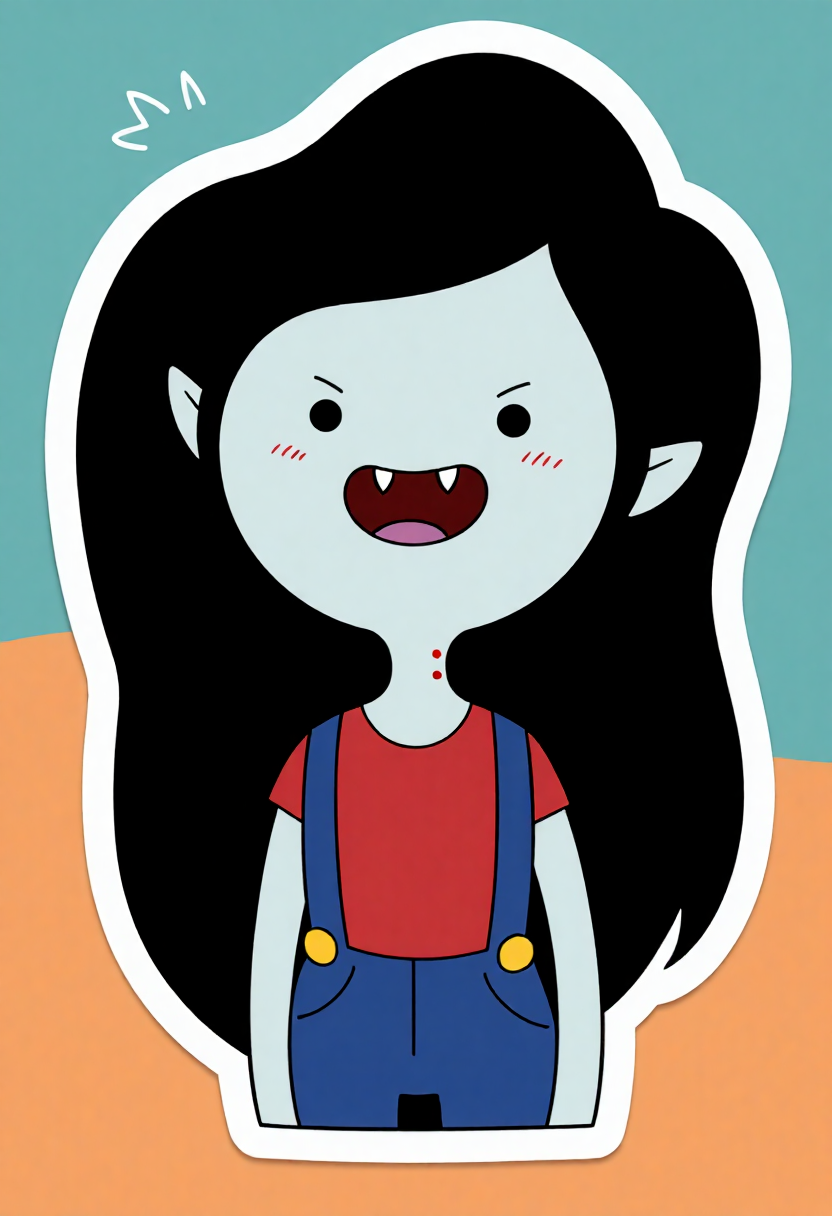 a digital drawing in a sticker cartoon style, featuring a small, expressive Marceline Abadeer, with joyful expression with a wide open mouth , their cheeks are flushed, adding a sense of excitement or surprise, Marceline is wearing a red shirt with blue suspenders, which adds a pop of color to the otherwise monochromatic image, the background is a gradient of soft, muted shades of azure and orange, which enhances the character's cheerful and endearing appearance, the overall design is simple yet playful, with clean lines and a minimalistic color palette, typical of modern digital art, the image exudes a touch of innocence and joy, making it a perfect representation of a child's innocence and innocence<lora:CustomFlux/Marceline_Abadeer.safetensors:1.0:1.0>