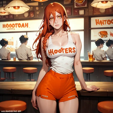 artist style:Urushihara Satoshi, source_hentai, source_anime, 1woman, (hooters, hooters_uniform,:1.0), uniform, white shirt, tanktop, orange_shorts, print_tank_top, score_9, score_8_up, score_7_up, score_6_up, 1girl, solo, (Makima from Chainsaw Man), redhead, long hair, braid, perfect face, perfect eyes, sexy, sexy girl, seductive, beautiful eyes, petite body, wide hips, large breasts, posing, dynamic angle, standing, bar,