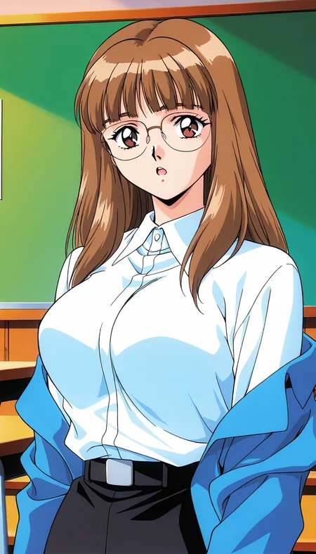 masterpiece, best quality, good quality, <lora:Iijima_Sensei_IS:1> Iijima_Sensei, 1girl,solo, brown hair, glasses, long hair, brown eyes,blunt bangs, large breasts, 1990s \(style\),anime coloring, 
looking at viewer,  upper body, open mouth, white shirt, long sleeves, collared shirt, blue jacket, black belt, black skirt, 
class room,