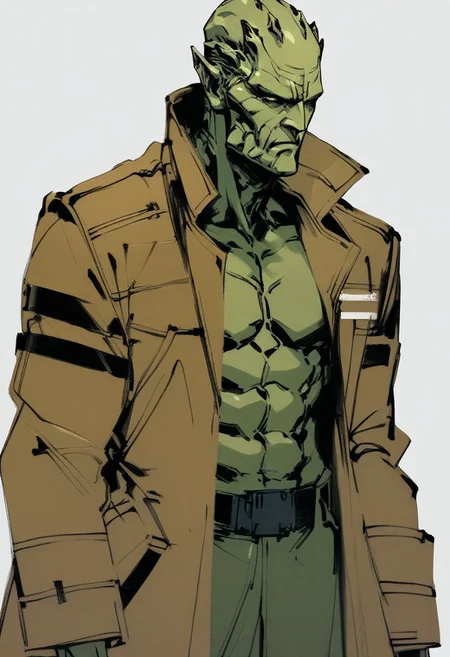 yoji_shinkawa, green alien , Male, tentacle like form, trenchcoat, serious <lora:Yoji_v2-000014:0.9>, score_8_up, score_7_up, score_6_up