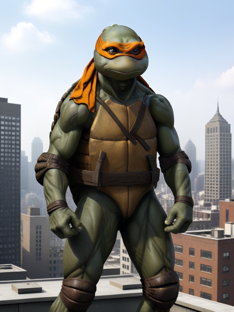 full body shot, fight stance, TMNTMichelangelo, a teenage mutant ninja turtle, wearing orange bandana mask with eye-holes, standing on a city rooftop during the day, skyscrapers and rooftops and day sky in the background, <lora:TMNT_Turtles_AIO_SDXL-000009:1>