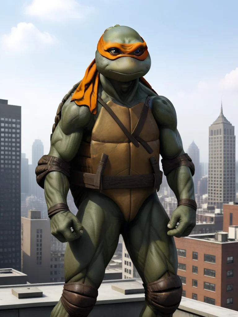 full body shot, fight stance, TMNTMichelangelo, a teenage mutant ninja turtle, wearing orange bandana mask with eye-holes, standing on a city rooftop during the day, skyscrapers and rooftops and day sky in the background, <lora:TMNT_Turtles_AIO_SDXL-000009:1>