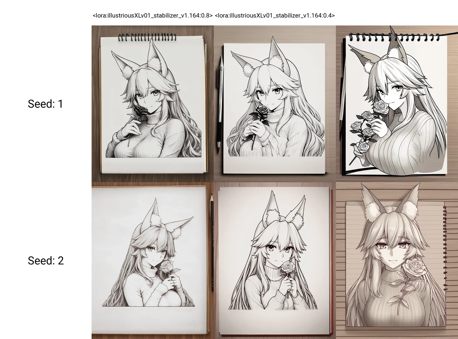<lora:illustriousXLv01_stabilizer_v1.164:0.8>pencil art on notebook,pencil on paper,wooden surface,1girl,fox ears,tamamo \(fate\),light smile,long hair,sweater,portrait,holding rose flower,monochrome,masterpiece,