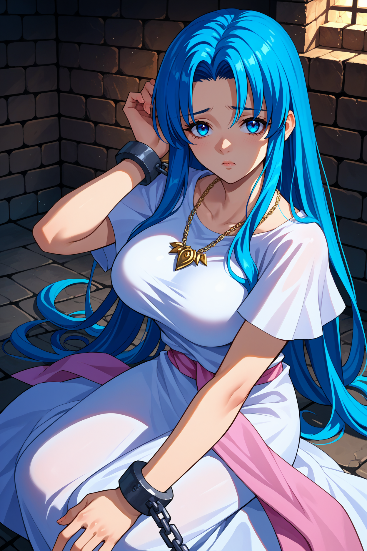 score_9, score_8_up, score_7_up, score_6_up, source_anime, 1girl, solo,  <lora:ysfeena-pdxl-nvwls-v1-000004:1> ysFeena, blue hair, very long hair, blue eyes, necklace, white robes, short sleeves, pink sash, looking at you, big breasts, indoors, dungeon, stone floor, chains, shackles, looking at you, sad