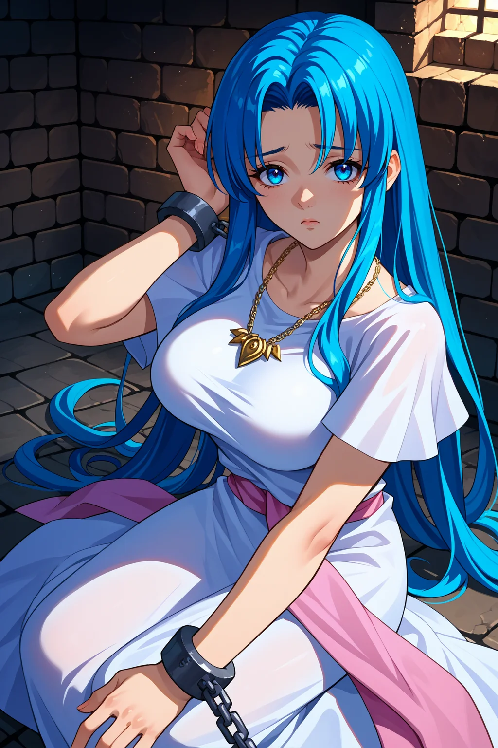score_9, score_8_up, score_7_up, score_6_up, source_anime, 1girl, solo, <lora:ysfeena-pdxl-nvwls-v1-000004:1> ysFeena, blue hair, very long hair, blue eyes, necklace, white robes, short sleeves, pink sash, looking at you, big breasts, indoors, dungeon, stone floor, chains, shackles, looking at you, sad
