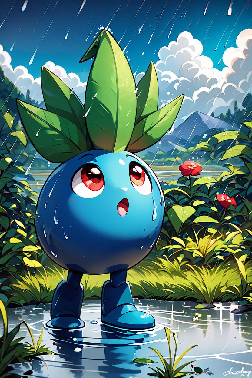 score_9, score_8_up, score_8,  ,,,  zzOddish, red eyes, standing, full body, outdoors, sky, day, cloud, signature, water, cloudy sky, grass, looking up, rain, ripples, puddle,  ,<lora:OddishPokedexPDXL:1.0>,   ,,, ,,, embedding:zPDXL, Expressiveh, <lora:CatalystStylePDXL:0.6>,  <lora:SDXLFaeTastic2400:0.5>,  <lora:Expressive_H-000001:0.4>,