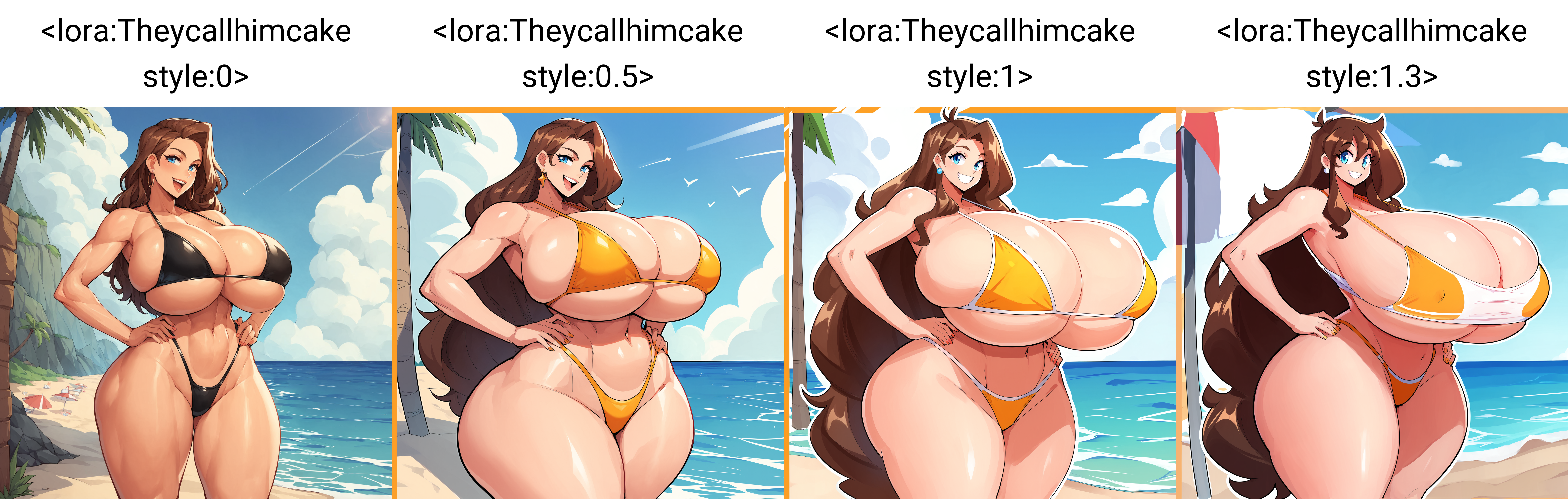 (masterpiece), best quality, (highly detailed), score_9, score_8_up, score_7_up, score_6_up, score_5_up, 1female, solo, gigantic breasts, wide hips, huge hips, small bikini, brown hair, long hair, blue eyes, beach, smile, hands on hip, standing, thick thighs, <lora:Theycallhimcake style:0>, Theycallhimcake,