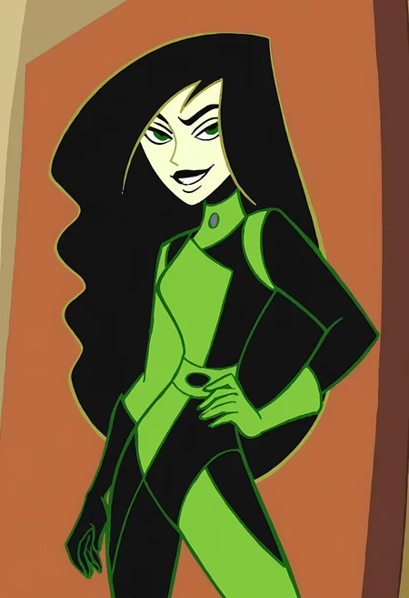 <lora:ShegoPony1.0:1>shego, 1girl, solo, long hair, black lips, black hair, green eyes, green bodysuit, green gloves,smile, very long hair,, score_9, score_8_up, score_7_up, score_6_up, score_5_up, score_4_up, looking at viewer, hand on own hip, cowboy shot,