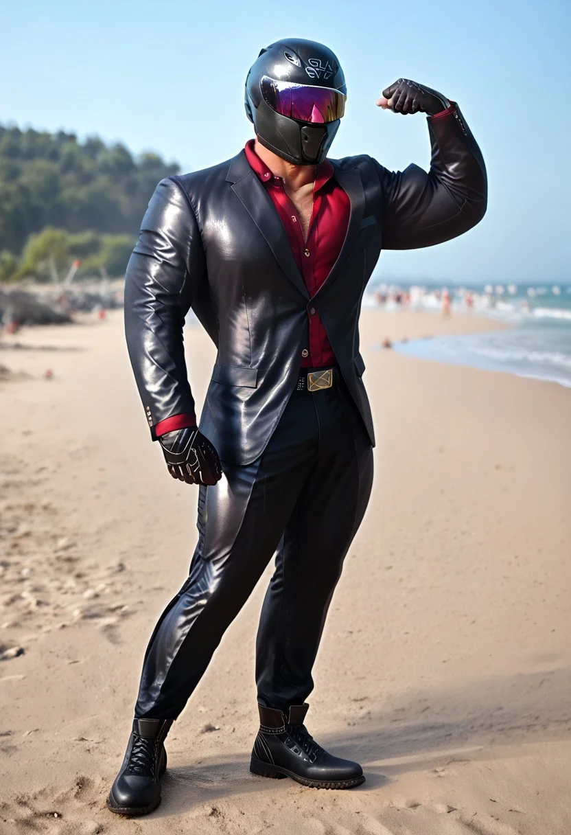 score_9, score_8_up, score_7_up, photo, photorealistic, rating_explicit, (solo:1.1), 1boy, black helmet with tinted visor, muscular male, masculine male, red glossy v neck shirt, black glossy leather blazer suit, formal, glossy pants, belt, skintight, black rubber gloves, black rubber boots, abs, nipples, pecs, flexing, proud, sweaty, outdoors beach, five digits