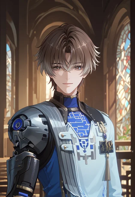 score_9, score_8_up, 1boy, solo, HD, details, high quality, rendered face, source_anime, good_hands.
((pale skin)), xiangliyao, gradient hair, brown hair, multicolored eyes, mechanical arm
Indoors, inside a high class mansion, looking at viewer, light smile
