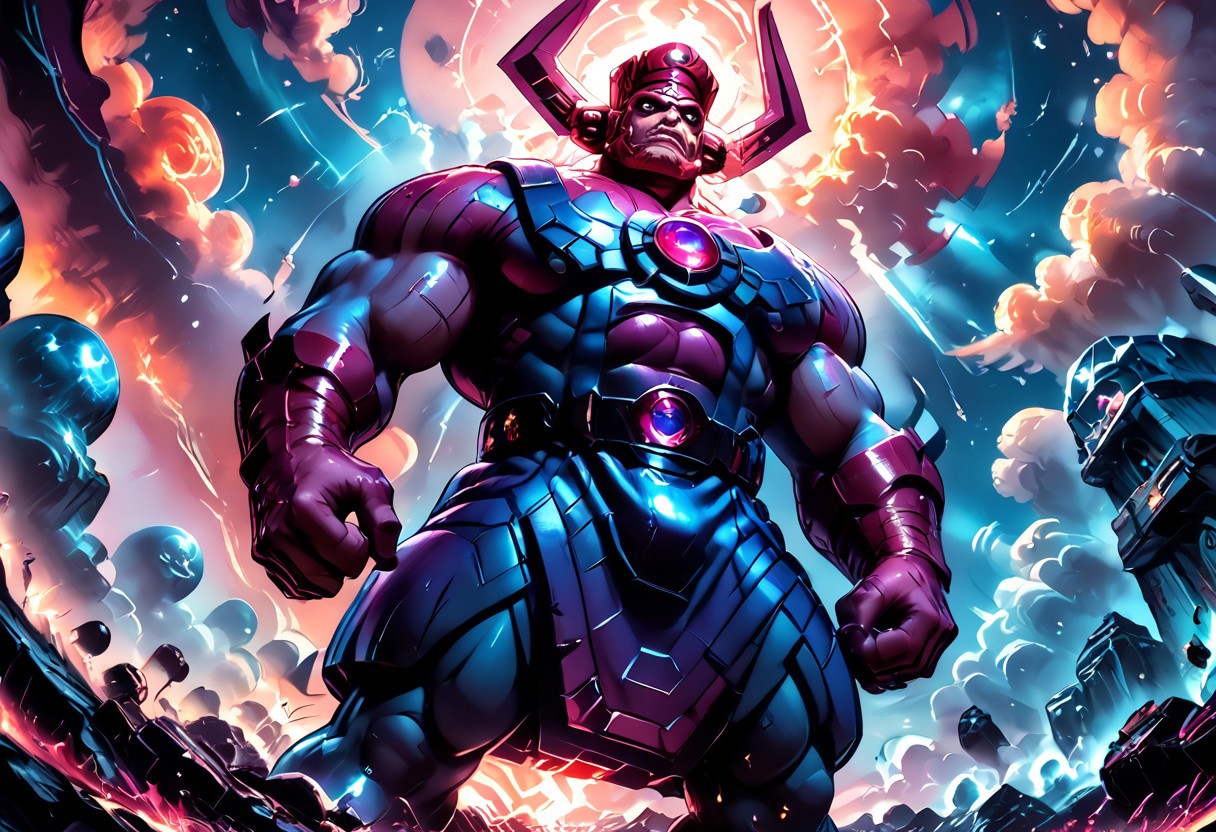 score_9, score_8_up, score_8, score_7_up, score_7, rating_safe, 1man, size difference, super scale, in the heavens, sky being, gigantic, colossal, huge, enormous, dwarfing the earth. above the clouds, celestial being, 
An anime-style, comic-inspired illustration capturing the head of Galactus looming ominously in the sky above a sprawling modern city skyline at dusk. Towering skyscrapers are dwarfed by his colossal presence, with swirling clouds and a dark, brooding color palette emphasizing the sheer scale and power of this cosmic entity. The mood is foreboding and filled with dread, as the citizens below witness Galactus’s massive, otherworldly form dominating the horizon in dramatic detail