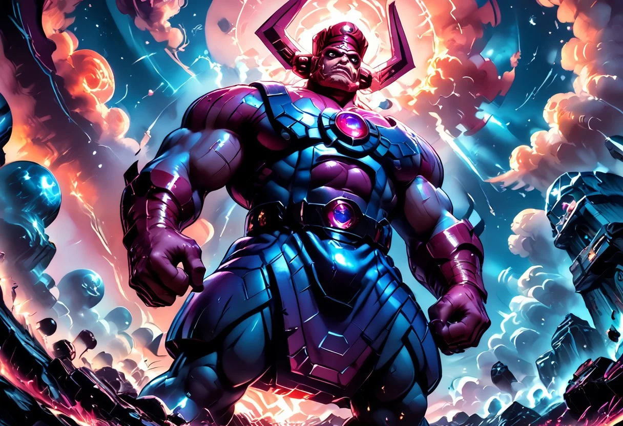 score_9, score_8_up, score_8, score_7_up, score_7, rating_safe, 1man, size difference, super scale, in the heavens, sky being, gigantic, colossal, huge, enormous, dwarfing the earth. above the clouds, celestial being,
An anime-style, comic-inspired illustration capturing the head of Galactus looming ominously in the sky above a sprawling modern city skyline at dusk. Towering skyscrapers are dwarfed by his colossal presence, with swirling clouds and a dark, brooding color palette emphasizing the sheer scale and power of this cosmic entity. The mood is foreboding and filled with dread, as the citizens below witness Galactus’s massive, otherworldly form dominating the horizon in dramatic detail