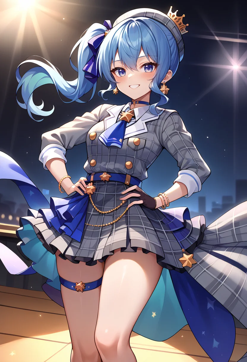 score_9, score_8_up, score_7_up, SuiseiBase, side ponytail, plaid beret, crown, blue star choker, star earrings, blue ascot, grey plaid jacket, grey plaid skirt, layered skirt, partially fingerless gloves, star bracelet, uneven legwear, thigh strap, on stage, spotlights, hands on hips, smile, :d, blush, <lora:CHAR-HoshimachiSuiseiPonyXL:1>