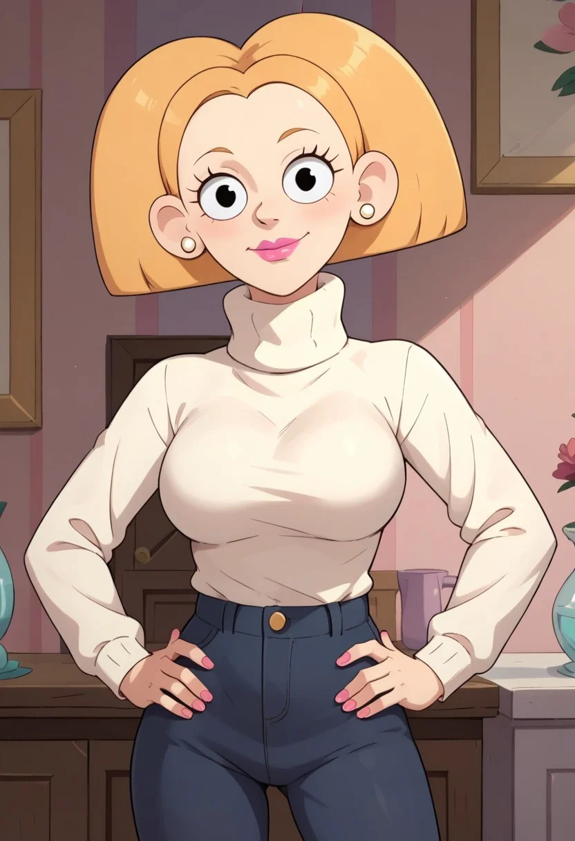 ((room background)),score_9, score_8_up, score_7_up,score_6_up,
1girl, solo, Tiffany_C, light skin, black eyes, blonde hair, medium voluminous hair, white pearl earrings, pink lipstick, pink nails, cream turtleneck sweater, dark blue pants, black flat shoes, cute, tall stature, social smile, perfect eyes, perfect smile, looking at the viewer, detailed eyes, perfect eyes, standing, big breasts (front pose, front view, bust shot) five fingers, perfect hands, hands on hips