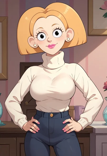 ((room background)),score_9, score_8_up, score_7_up,score_6_up,
1girl, solo, Tiffany_C, light skin, black eyes, blonde hair, medium voluminous hair, white pearl earrings, pink lipstick, pink nails, cream turtleneck sweater, dark blue pants, black flat shoes, cute, tall stature, social smile, perfect eyes, perfect smile, looking at the viewer, detailed eyes, perfect eyes, standing, big breasts (front pose, front view, bust shot) five fingers, perfect hands, hands on hips