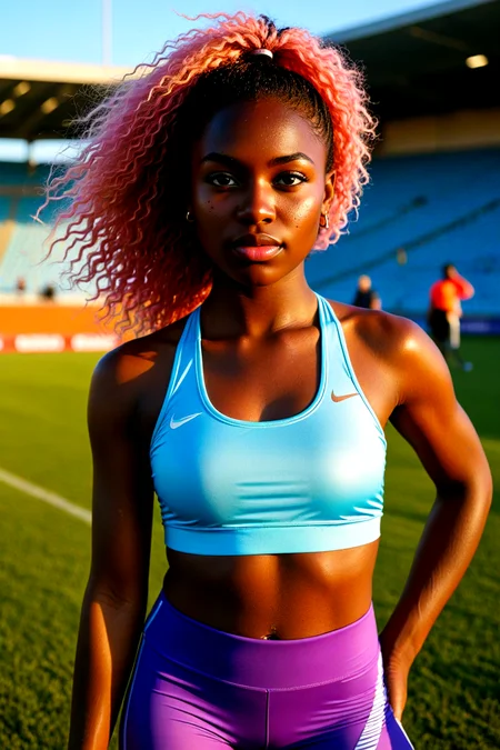 <lora:pytorch_lora_weights_361535:1>,<lora:Skin Color_alpha1.0_rank4_noxattn_250steps:1.7>,Open high jump zone on a stadium field, golden hour lighting casting long shadows, (sunlight haze:1.2), occasional wind fluttering nearby flags,
A amateur  full body snapshot of a  44 year old Solomon Islander  Woman,solo,medium hair Hair,  light blue  Hair,,  aqua  eyes  ,,petite,kawaii,freckles,choker,mole,(peachfuzz:1.2),(fine bodyhair:1.1),(fine hair:1.1),Bold orange eyeshadow with a soft pink lip for a bright party look,
Dressed in tight black capri leggings with reflective mesh panels, tight violet training top, pastel pink trainers, clean style.,do push-ups ,, highly detailed skin with hairs,detailed skin,detailed face,detailed eyes,sharp focus,Masterpiece,best quality,realistic,HDR, 8K, masterpiece, best_quality, absurdres, ultra-detailed, highly_aesthetic, highly_detailed_eyes, depth_of_field, realistic_body