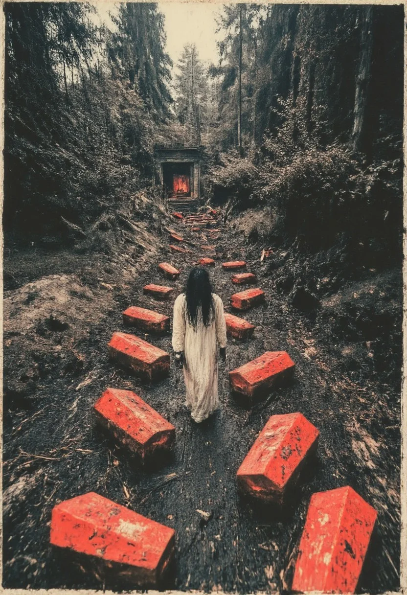 Path way to the portal , road made by coffins, neatly aligned to make way to the portal , bride walking on coffins, Mixture of artstyle , (japanese+chinese), flat color illustration